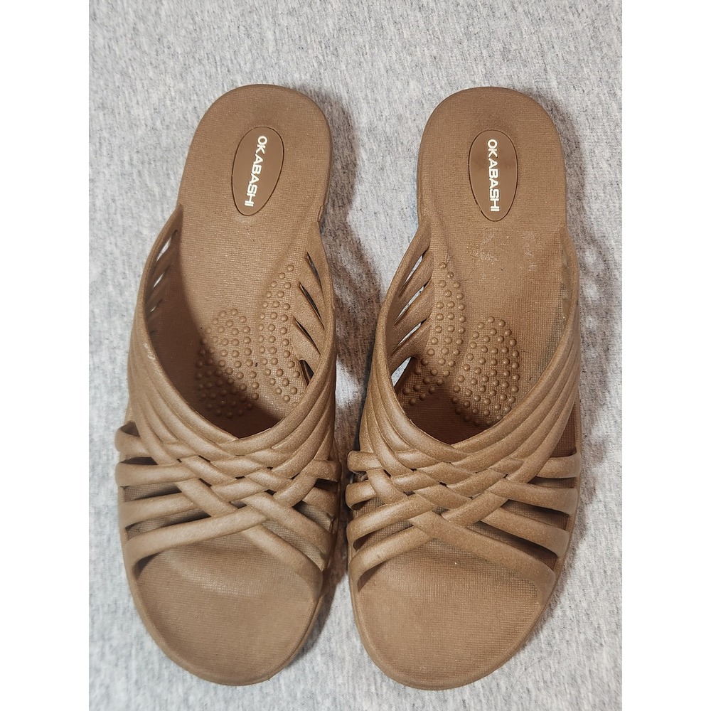 Okabashi Womens Brown Woven Multi Strap Slide Sandals Made in USA Size ML 8-9